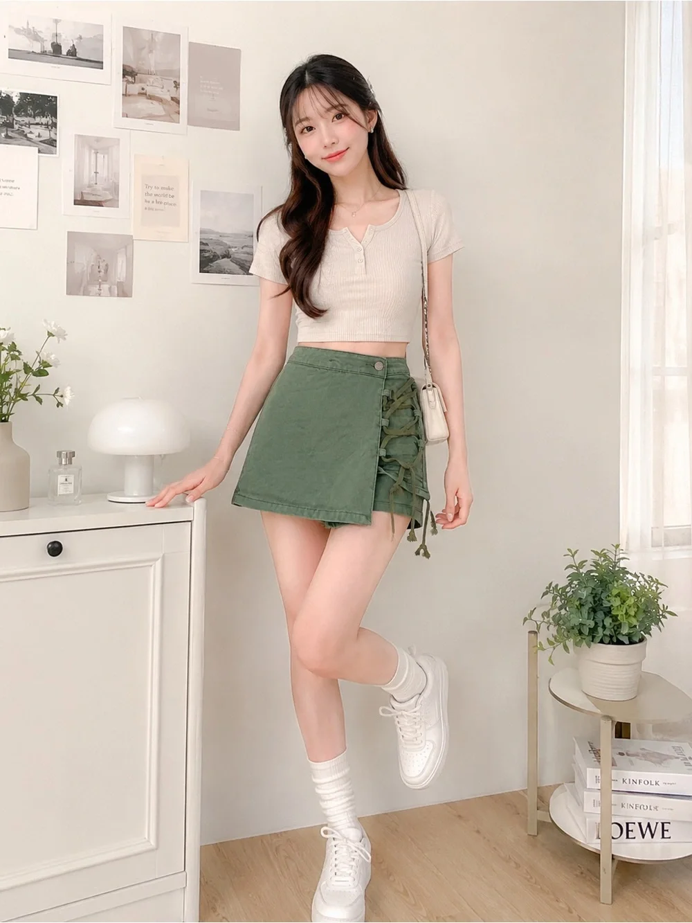 2-Piece Skirt Bundle | Green Lace-Up Skort + White Fuzzy Mini Skirt - Picture 3 of 6